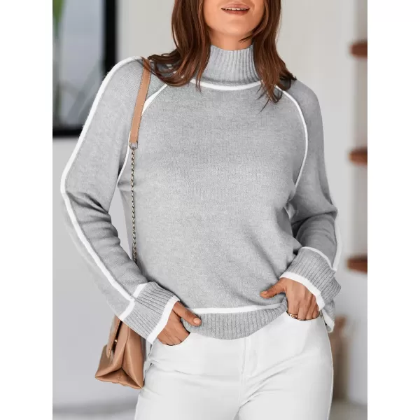 Saodimallsu Womens Turtle Mock Neck Pullover Sweater Color Block 2024 Fall Trendy Casual Knit Loose Long Sleeve SweatersGrey