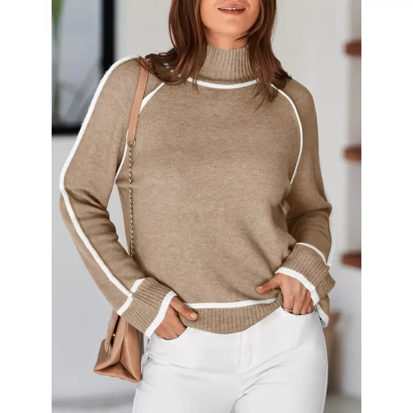 Saodimallsu Womens Turtle Mock Neck Pullover Sweater Color Block 2024 Fall Trendy Casual Knit Loose Long Sleeve SweatersKhaki