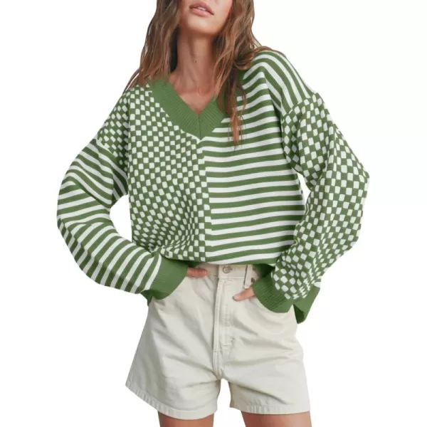 Saodimallsu Womens Checkered Striped Sweater V Neck Long Sleeve 2024 Fall Trendy Loose Knit Cozy Pullover TopsArmy Green