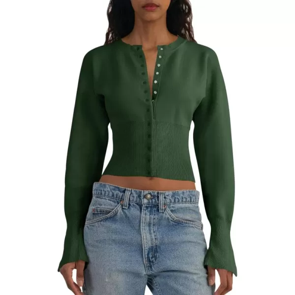 Saodimallsu Womens Cropped Sweaters Button Down Long Sleeve V Neck Ribbed Knit Slim Fit Pullover Crop TopsArmy Green