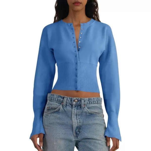 Saodimallsu Womens Cropped Sweaters Button Down Long Sleeve V Neck Ribbed Knit Slim Fit Pullover Crop TopsBlue