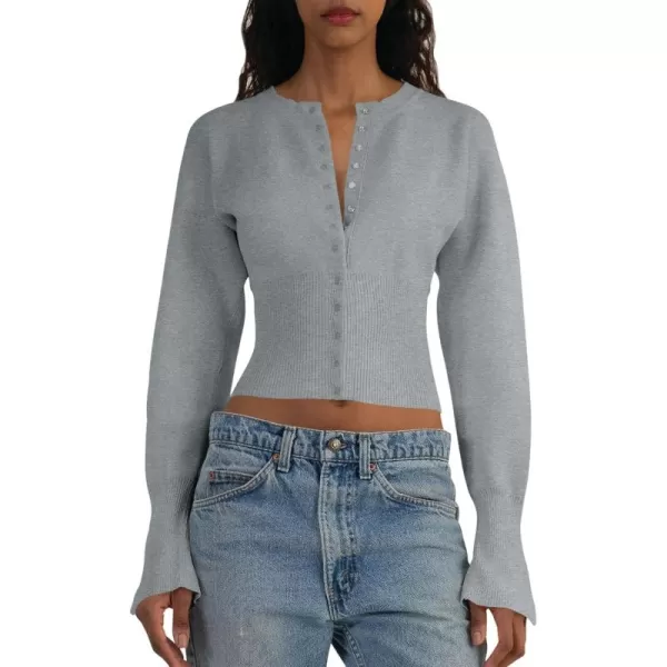 Saodimallsu Womens Cropped Sweaters Button Down Long Sleeve V Neck Ribbed Knit Slim Fit Pullover Crop TopsGray