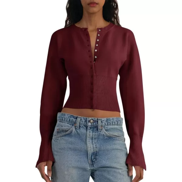 Saodimallsu Womens Cropped Sweaters Button Down Long Sleeve V Neck Ribbed Knit Slim Fit Pullover Crop TopsWine Red