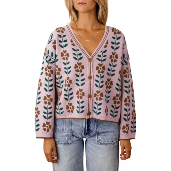 Saodimallsu Womens Floral Print V Neck Cardigan Open Front Button Down Knit Sweater Long Sleeve Loose Fashion TopsPink