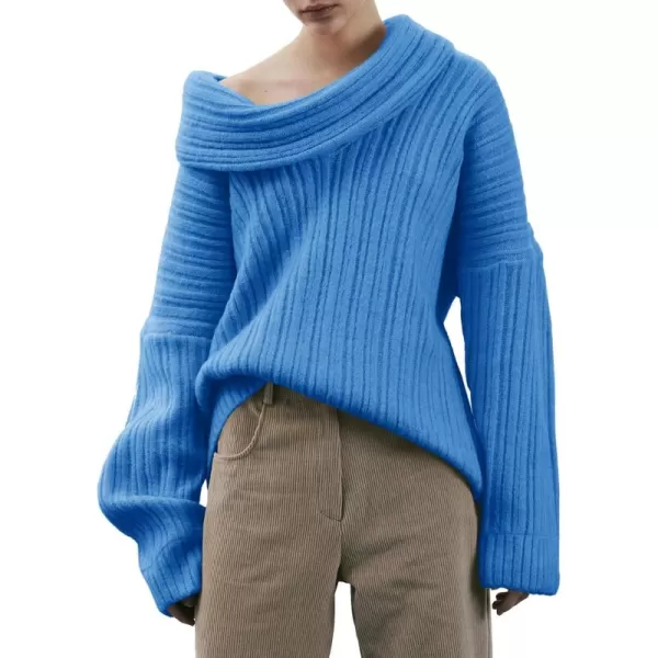 Saodimallsu Womens Off The Shoulder Sweater Top Oversized 2024 Fall Batwing Boat Neck Knit Sexy Casual PulloverBlue