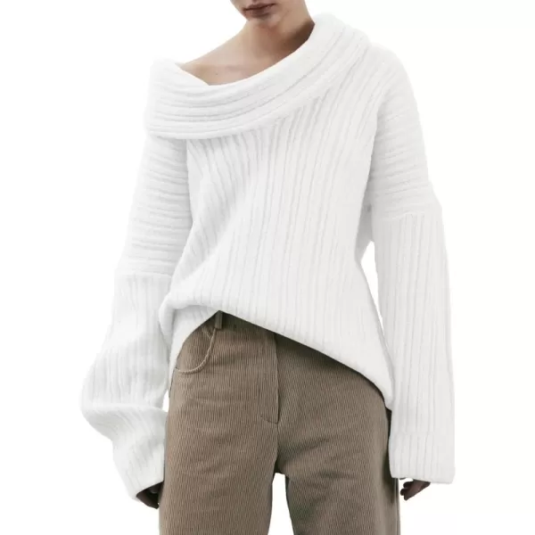 Saodimallsu Womens Off The Shoulder Sweater Top Oversized 2024 Fall Batwing Boat Neck Knit Sexy Casual PulloverWhite