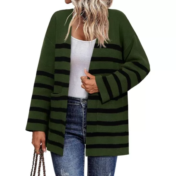 Saodimallsu Womens Oversized Striped Cardigans Open Front Chunky Knit Casual Loose Fit Long Sleeve Sweater CoatsArmy Green