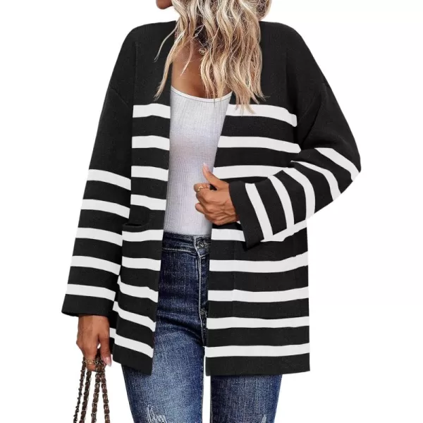 Saodimallsu Womens Oversized Striped Cardigans Open Front Chunky Knit Casual Loose Fit Long Sleeve Sweater CoatsBlack