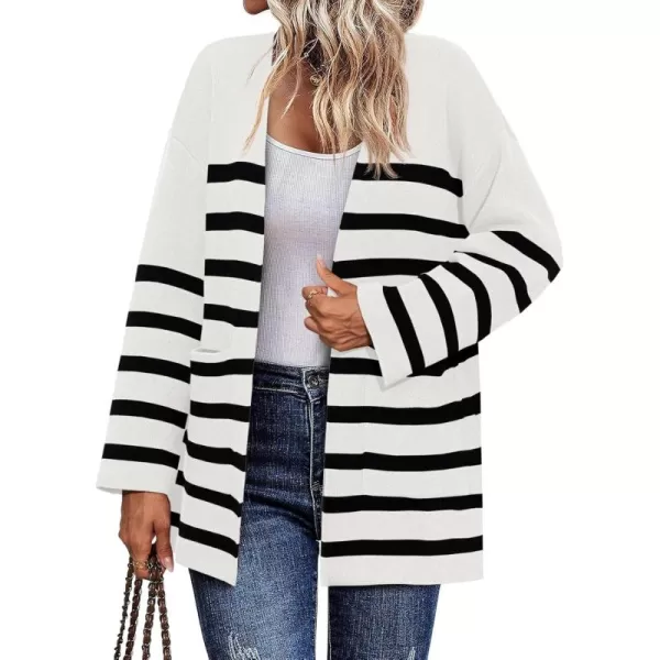 Saodimallsu Womens Oversized Striped Cardigans Open Front Chunky Knit Casual Loose Fit Long Sleeve Sweater CoatsWhite