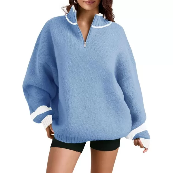 Saodimallsu Womens Oversized Sweater Casual Long Sleeve Fall Quarter Zip Striped Sweaters Lapel Mock Neck Pullover ShirtBlue