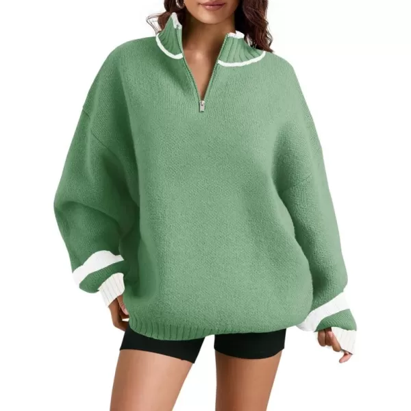 Saodimallsu Womens Oversized Sweater Casual Long Sleeve Fall Quarter Zip Striped Sweaters Lapel Mock Neck Pullover ShirtGreen