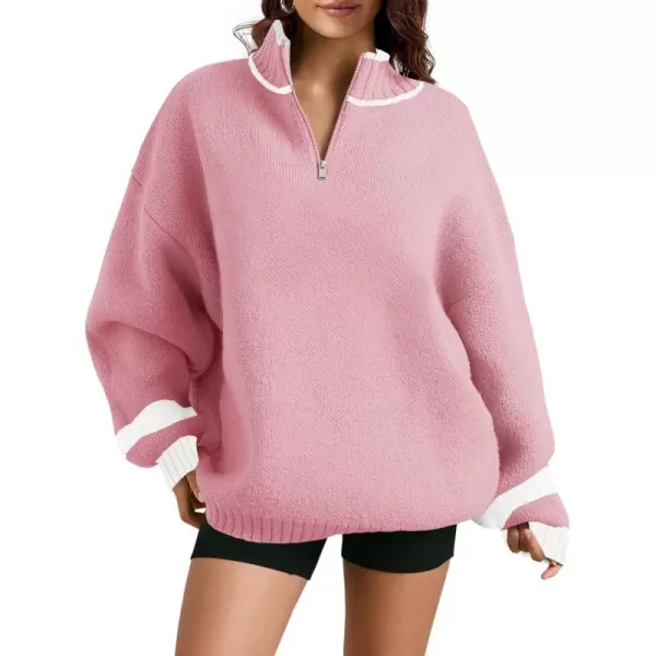 Saodimallsu Womens Oversized Sweater Casual Long Sleeve Fall Quarter Zip Striped Sweaters Lapel Mock Neck Pullover ShirtPink