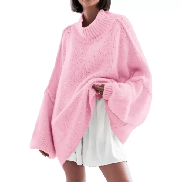 Saodimallsu Womens Oversized Sweaters Mock Neck Batwing Long Sleeve 2024 Fall Trendy Ribbed Knit Casual Tunic SweaterPink