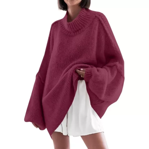 Saodimallsu Womens Oversized Sweaters Mock Neck Batwing Long Sleeve 2024 Fall Trendy Ribbed Knit Casual Tunic SweaterWine Red