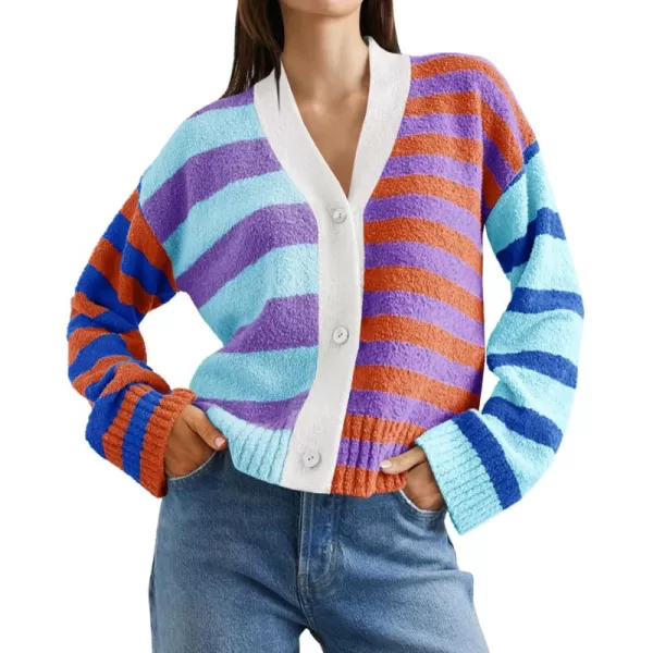 Saodimallsu Womens Striped Cardigan Sweaters V Neck Open Front Button Up Color Block Fuzzy Loose Knit CoatsBlue