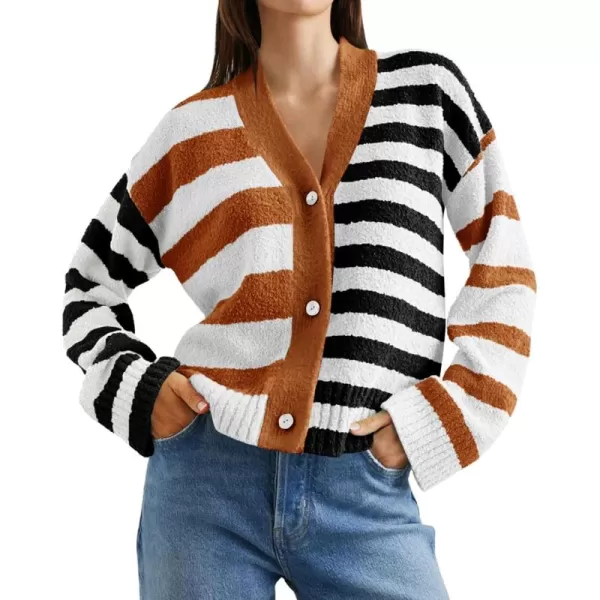 Saodimallsu Womens Striped Cardigan Sweaters V Neck Open Front Button Up Color Block Fuzzy Loose Knit CoatsBrown