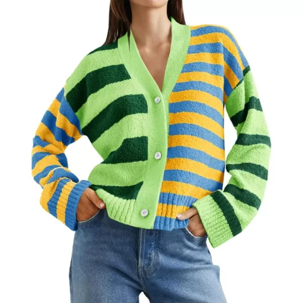 Saodimallsu Womens Striped Cardigan Sweaters V Neck Open Front Button Up Color Block Fuzzy Loose Knit CoatsGreen