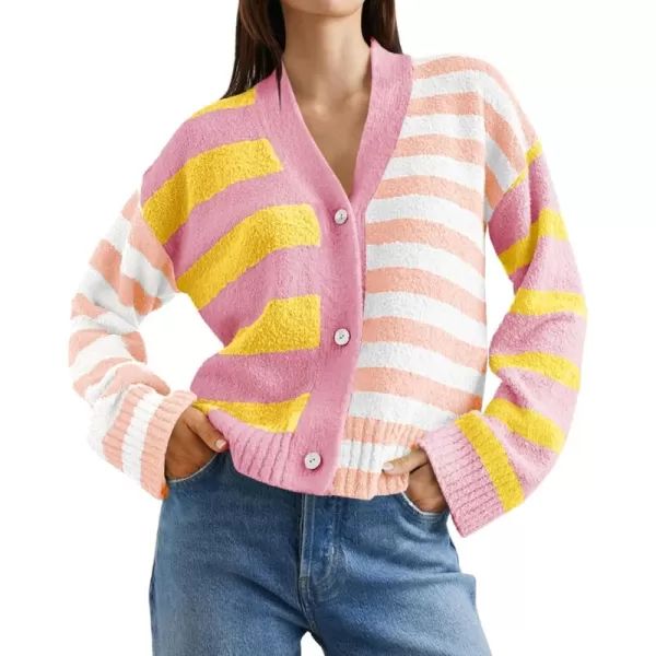 Saodimallsu Womens Striped Cardigan Sweaters V Neck Open Front Button Up Color Block Fuzzy Loose Knit CoatsLight Pink