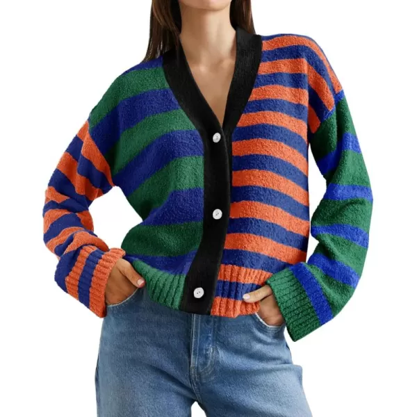 Saodimallsu Womens Striped Cardigan Sweaters V Neck Open Front Button Up Color Block Fuzzy Loose Knit CoatsOrange