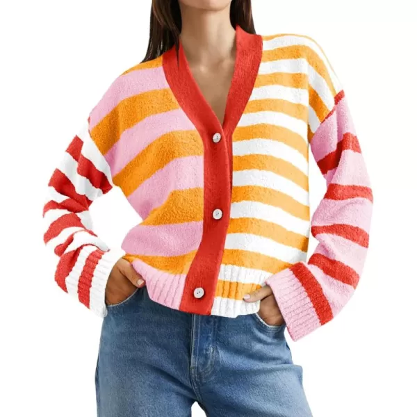 Saodimallsu Womens Striped Cardigan Sweaters V Neck Open Front Button Up Color Block Fuzzy Loose Knit CoatsOrange Red