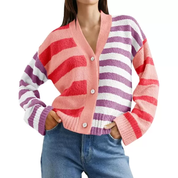 Saodimallsu Womens Striped Cardigan Sweaters V Neck Open Front Button Up Color Block Fuzzy Loose Knit CoatsPink