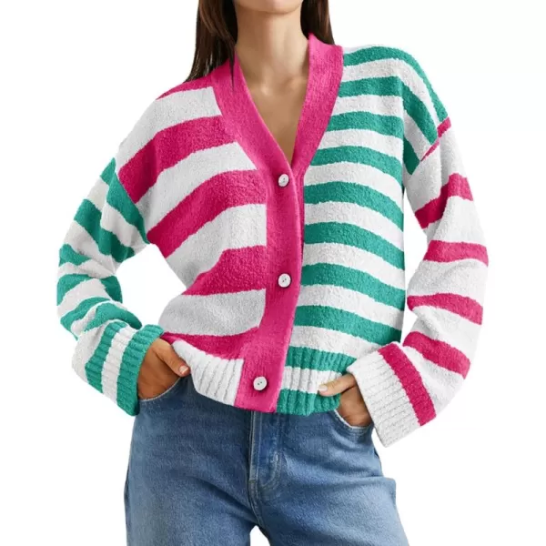 Saodimallsu Womens Striped Cardigan Sweaters V Neck Open Front Button Up Color Block Fuzzy Loose Knit CoatsPink Green