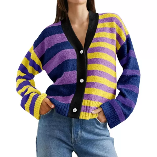 Saodimallsu Womens Striped Cardigan Sweaters V Neck Open Front Button Up Color Block Fuzzy Loose Knit CoatsPurple