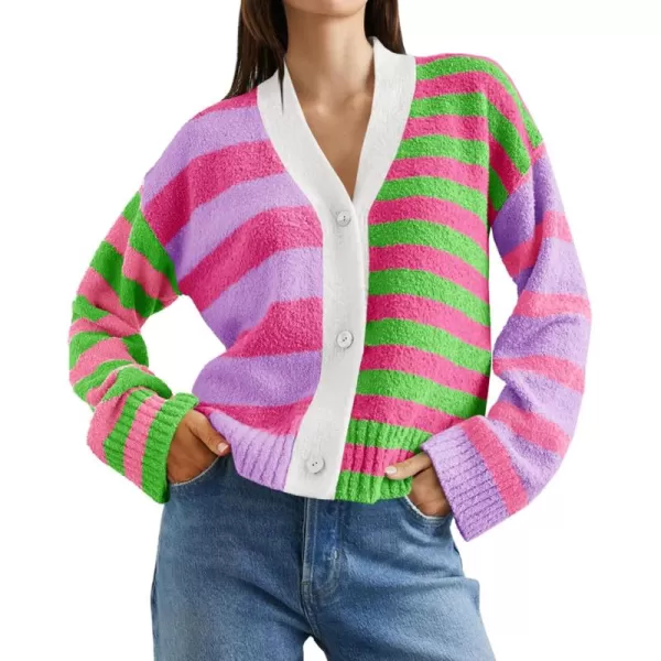 Saodimallsu Womens Striped Cardigan Sweaters V Neck Open Front Button Up Color Block Fuzzy Loose Knit CoatsRose Red