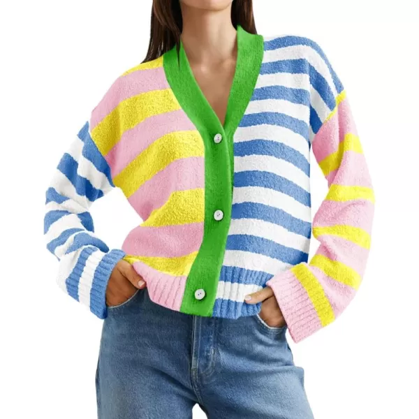 Saodimallsu Womens Striped Cardigan Sweaters V Neck Open Front Button Up Color Block Fuzzy Loose Knit CoatsStriped