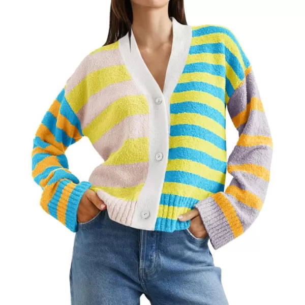 Saodimallsu Womens Striped Cardigan Sweaters V Neck Open Front Button Up Color Block Fuzzy Loose Knit CoatsYellow