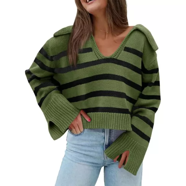 Saodimallsu Womens Striped Sweater V Neck Collared Fall Trendy Knitted Long Sleeve Loose Pullover SweatersArmy Green