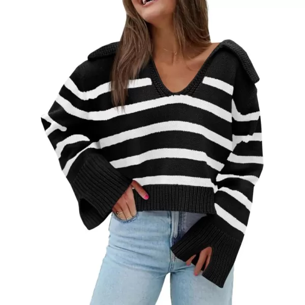 Saodimallsu Womens Striped Sweater V Neck Collared Fall Trendy Knitted Long Sleeve Loose Pullover SweatersBlack