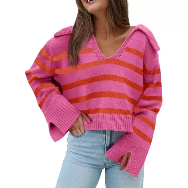 Saodimallsu Womens Striped Sweater V Neck Collared Fall Trendy Knitted Long Sleeve Loose Pullover SweatersDark Pink