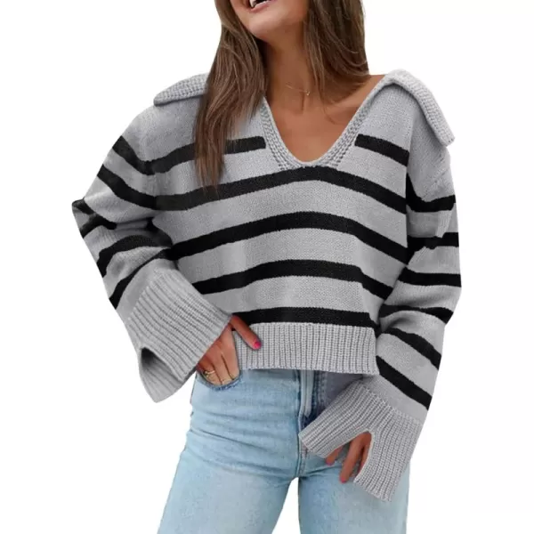 Saodimallsu Womens Striped Sweater V Neck Collared Fall Trendy Knitted Long Sleeve Loose Pullover SweatersGrey