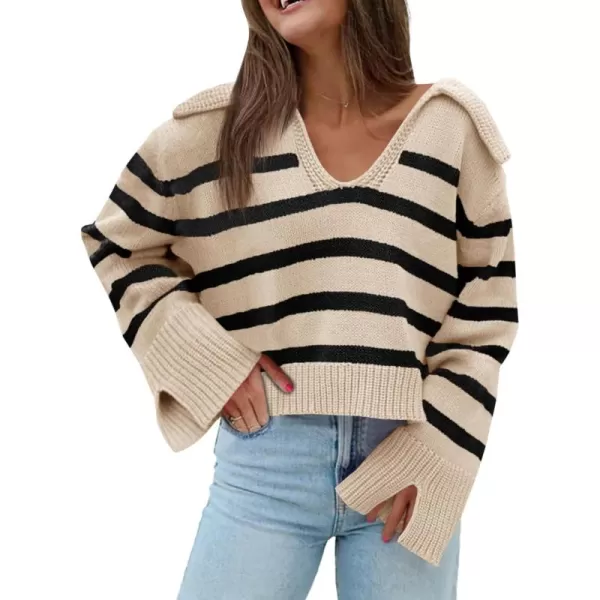 Saodimallsu Womens Striped Sweater V Neck Collared Fall Trendy Knitted Long Sleeve Loose Pullover SweatersKhaki