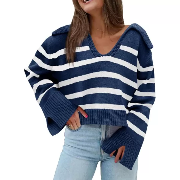 Saodimallsu Womens Striped Sweater V Neck Collared Fall Trendy Knitted Long Sleeve Loose Pullover SweatersNavy