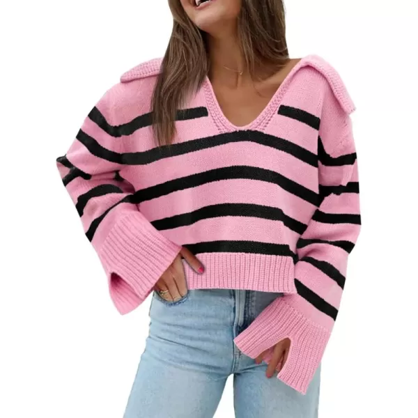 Saodimallsu Womens Striped Sweater V Neck Collared Fall Trendy Knitted Long Sleeve Loose Pullover SweatersPink