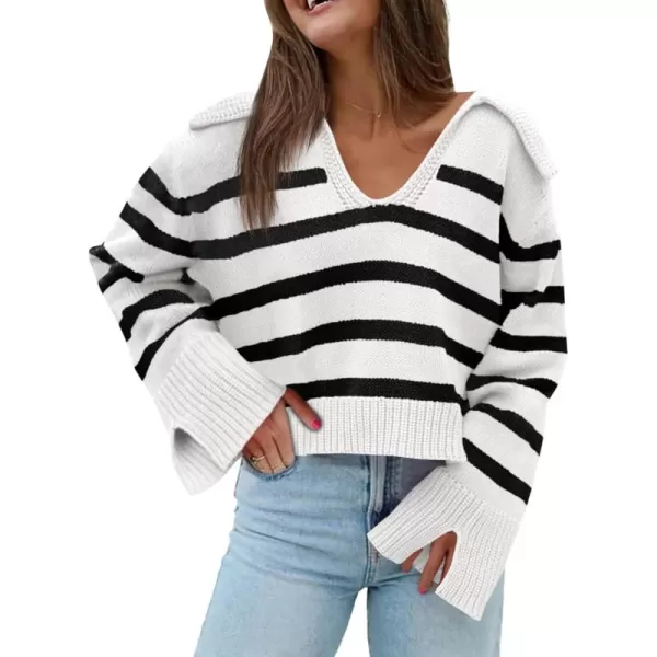 Saodimallsu Womens Striped Sweater V Neck Collared Fall Trendy Knitted Long Sleeve Loose Pullover SweatersWhite