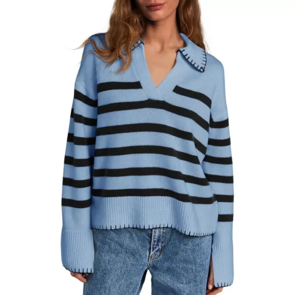 Saodimallsu Womens Striped Sweaters V Neck Collared 2024 Fall Trendy Knit Long Sleeve Loose Pullover SweatersBlue