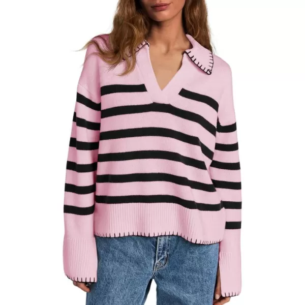 Saodimallsu Womens Striped Sweaters V Neck Collared 2024 Fall Trendy Knit Long Sleeve Loose Pullover SweatersLight Pink