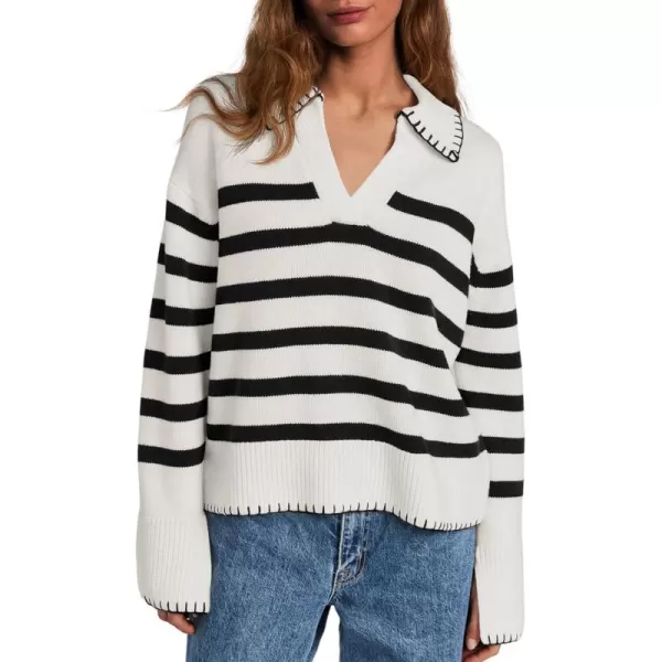 Saodimallsu Womens Striped Sweaters V Neck Collared 2024 Fall Trendy Knit Long Sleeve Loose Pullover SweatersWhite