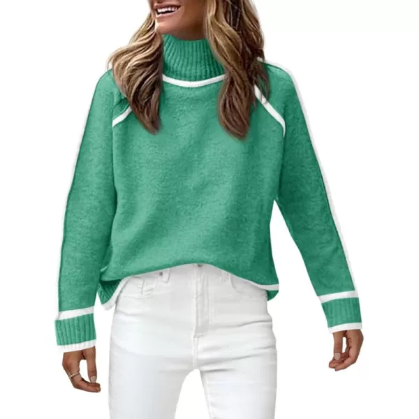 Saodimallsu Womens Turtle Mock Neck Pullover Sweater Color Block 2024 Fall Trendy Casual Knit Loose Long Sleeve SweatersGreen