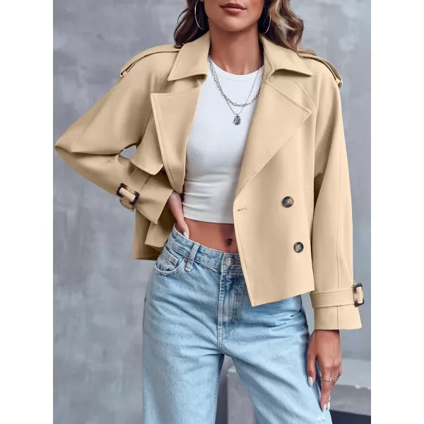 Saodimallsu Women Crop Double Breasted Trench Coat Raglan Sleeve Work Office Cropped Jacket With PocketsBeige