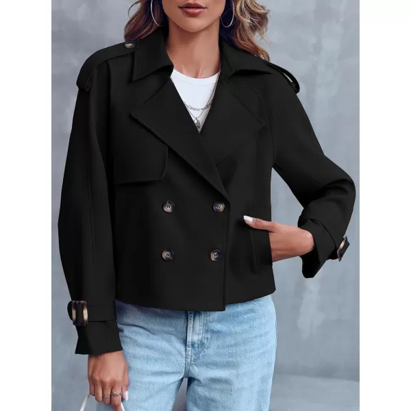 Saodimallsu Women Crop Double Breasted Trench Coat Raglan Sleeve Work Office Cropped Jacket With PocketsBlack