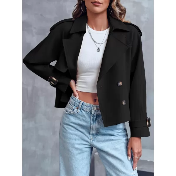 Saodimallsu Women Crop Double Breasted Trench Coat Raglan Sleeve Work Office Cropped Jacket With PocketsBlack