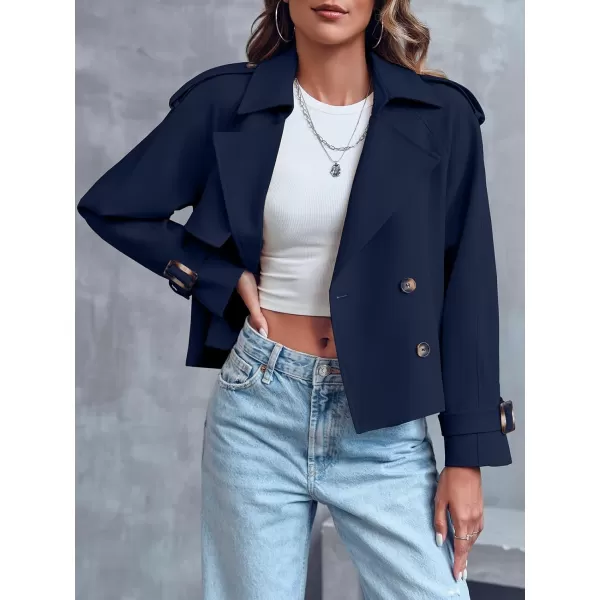 Saodimallsu Women Crop Double Breasted Trench Coat Raglan Sleeve Work Office Cropped Jacket With PocketsDark Blue