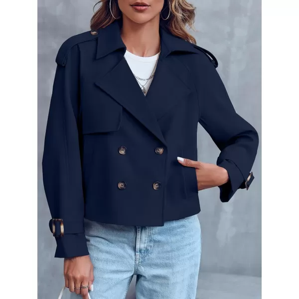 Saodimallsu Women Crop Double Breasted Trench Coat Raglan Sleeve Work Office Cropped Jacket With PocketsDark Blue