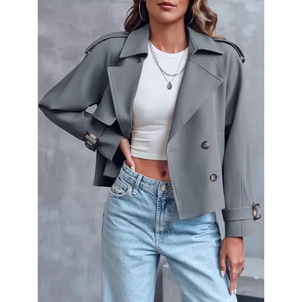 Saodimallsu Women Crop Double Breasted Trench Coat Raglan Sleeve Work Office Cropped Jacket With PocketsGrey