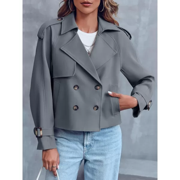 Saodimallsu Women Crop Double Breasted Trench Coat Raglan Sleeve Work Office Cropped Jacket With PocketsGrey