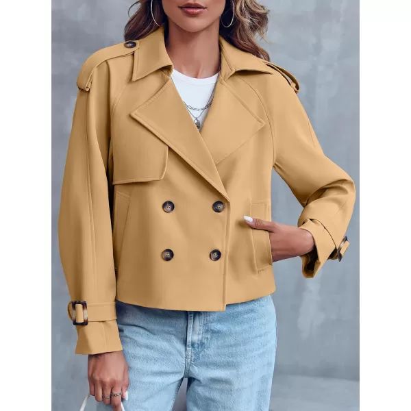 Saodimallsu Women Crop Double Breasted Trench Coat Raglan Sleeve Work Office Cropped Jacket With PocketsKhaki